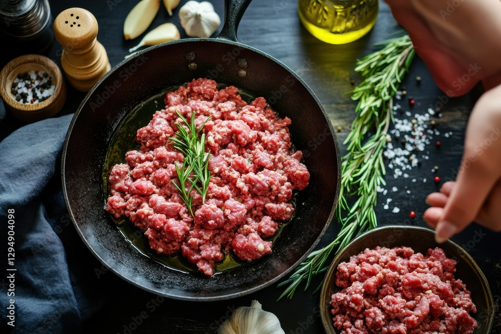 Sizzling ground beef preparation kitchen food photography cozy environment top-down view culinary art
