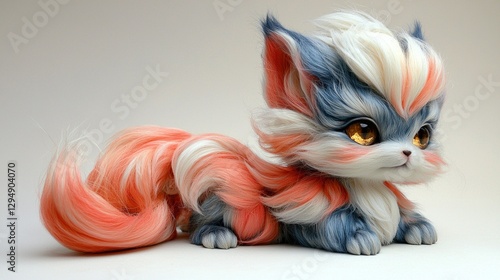 young kitsune rests peacefully against white backdrop its nine glowing tails curled gently around its body. rich red fur and bright golden eyes reveal its enchanting spirit.