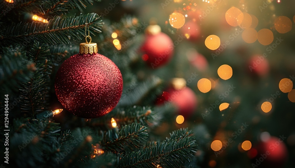 Close-up View of a Festive Christmas Tree with Red and Gold Ornaments and Warm Lights in a Cozy Atmosphere Close-up View of a Festive Christmas Tree with Red and Gold Ornaments and Warm Lights in a Cozy Atmosphere