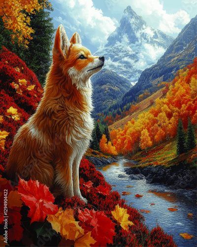 Majestic Fox Overlooking Autumn Mountain Landscape with Vibrant Foliage and Clear River - Stunning Nature Vector Art for Wildlife and Scenery Enthusiasts