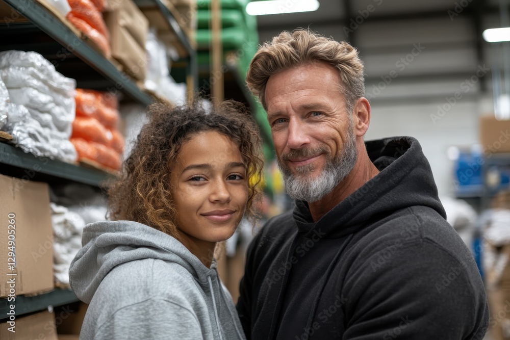 A joyful father and daughter share a moment of happiness while posing together in a clothing store, surrounded by vibrant colors and neatly arranged clothes. A joyful father and daughter share a moment of happiness while posing together in a clothing store, surrounded by vibrant colors and neatly arranged clothes.