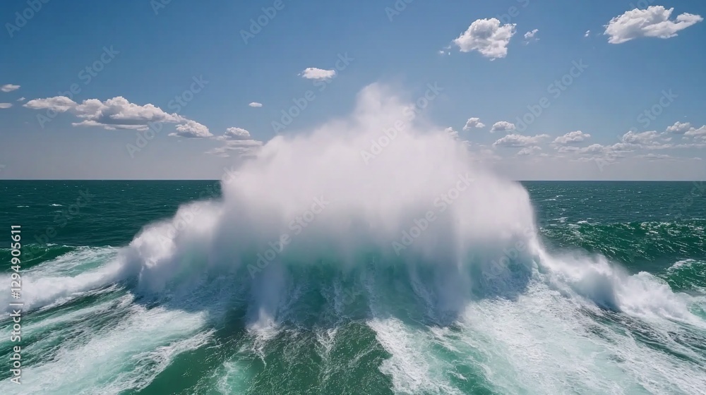 Ocean wave explosion, blue sky, sunny day, travel brochure Ocean wave explosion, blue sky, sunny day, travel brochure