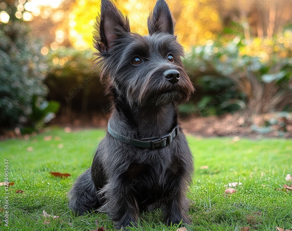 Scottish Terrier Puppy Sitting on Green Grass in Garden During Golden Hour Scottish Terrier Puppy Sitting on Green Grass in Garden During Golden Hour