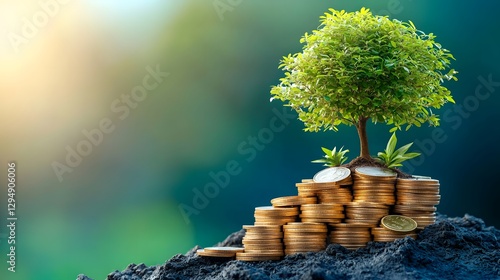 Bright and composition of a small tree thriving on top of layered coins symbolizing strategic financial planning savings and sustainable investment for future prosperity