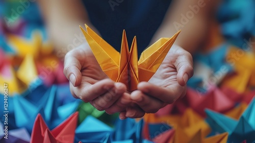 Hands delicately fold intricate origami crane amidst colorful array of patterned paper in minimalist setting illuminated soft natural light evoking sense of calm and focus.