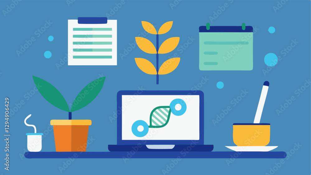 Workspace Essentials A desk setup for a genetic analyst with a laptop a notepad coffee cup and a plant illustrating a welcoming work environment.