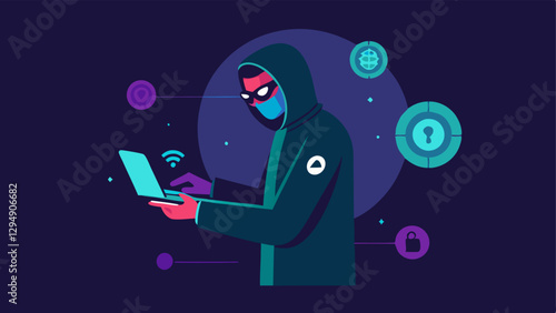 Vulnerability Scanner An ethical hacker using a handheld device that scans a virtual network shown in holographic style alerting them to vulnerabilities.