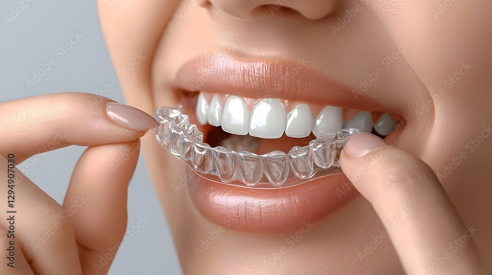 Close up shot of a young Caucasian woman carefully inserting a clear dental aligner focused expression showcasing modern orthodontic care and the pursuit of a perfectly aligned beautiful smile