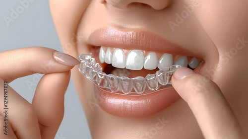Obraz na płótnie Close up shot of a young Caucasian woman carefully inserting a clear dental aligner focused expression showcasing modern orthodontic care and the pursuit of a perfectly aligned beautiful smile w salonie