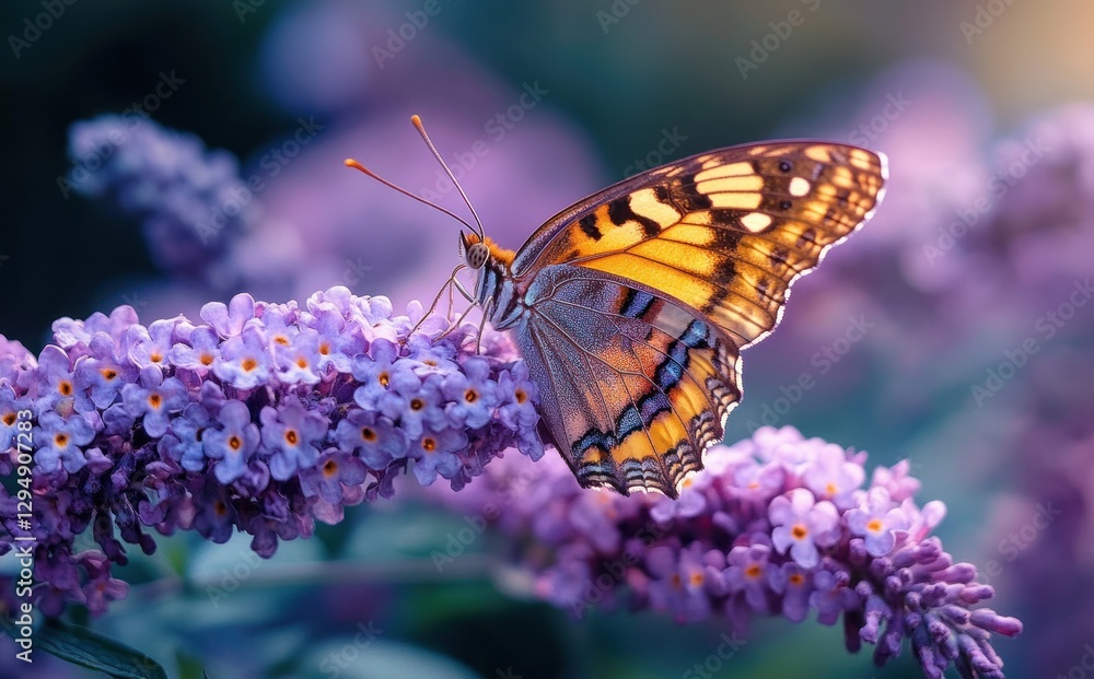 Comma Butterfly Feeding on Purple Flower Cluster in Welsh Garden Comma Butterfly Feeding on Purple Flower Cluster in Welsh Garden