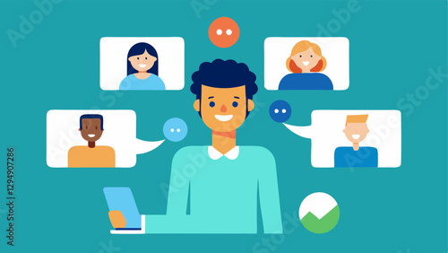 Virtual Team Building An HR spet arranging a fun virtual teambuilding activity showing screens with game icons and team members laughing together over video.