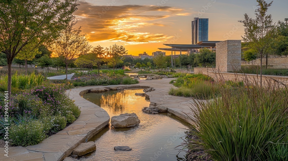 Serene sunset over a tranquil city park with a winding stream, lush gardens, and modern architecture in the background. Serene sunset over a tranquil city park with a winding stream, lush gardens, and modern architecture in the background.
