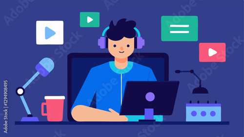 Tutorial Video Setup An illustration of a gamer sitting at a desk with multiple monitors displaying game footage a notepad and a microphone getting ready to record a tutorial.