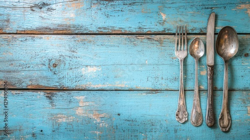 Rustic blue wood table with vintage silverware.