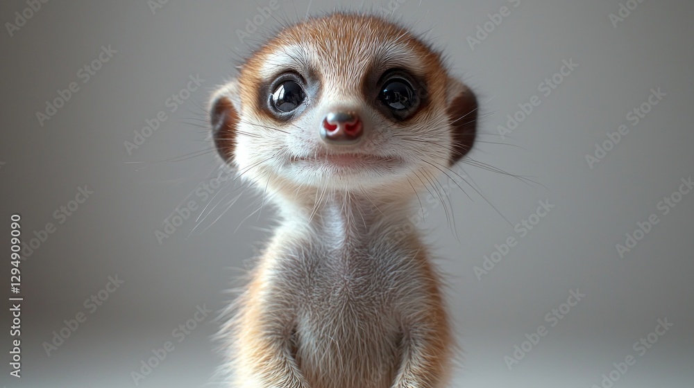 Fototapeta premium baby meerkat stands upright showcasing its adorable features. Its golden and brown fur shines softly as it curiously tilts its head capturing attention its big eyes.