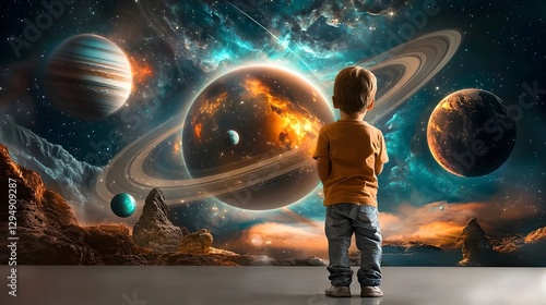 Fantastical space observatory setting with a child gazing at a breathtaking cosmic display featuring giant holographic planets glowing constellations and spiraling galaxies in the background