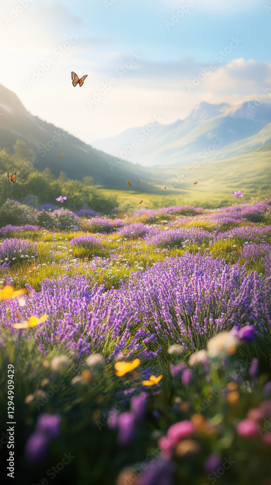 Obraz premium A sprawling field of wild lavender, embodying a natural and untamed beauty. The purple blossoms create a fragrant and serene landscape, showcasing nature's raw elegance.
