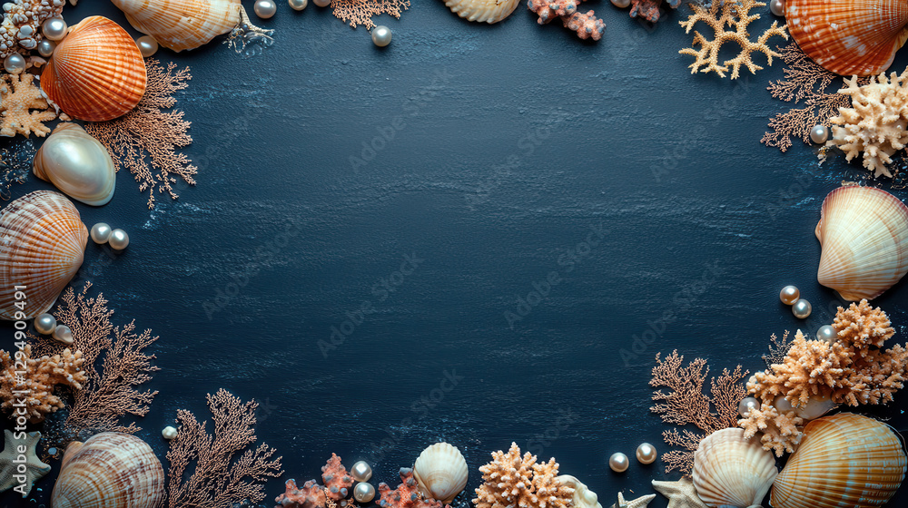 Obraz premium A harmonious composition of marine treasures, including diverse shells, delicate coral fragments