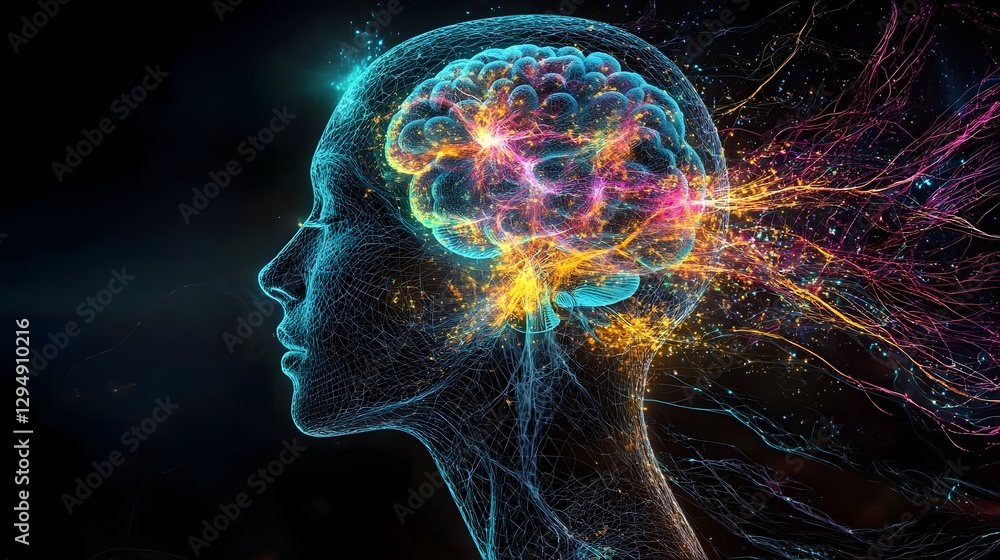 Glowing silhouette of a human head with radiant neural connections vibrant energy pulsating through the brain depicting a deep meditation and esoteric enlightenment concept