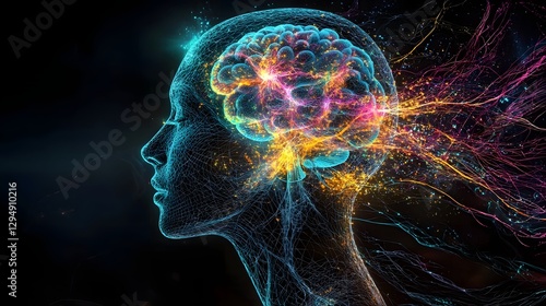 Obraz na płótnie Glowing silhouette of a human head with radiant neural connections vibrant energy pulsating through the brain depicting a deep meditation and esoteric enlightenment concept w salonie