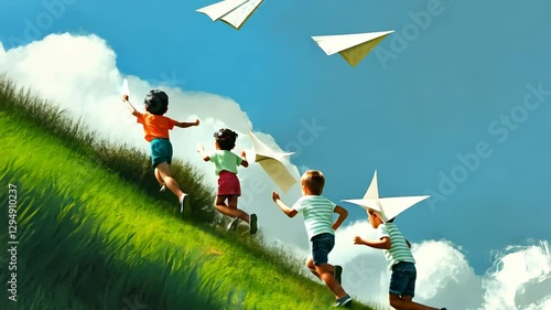 Children Chasing Dreams: A Whimsical Journey Up a Hillside