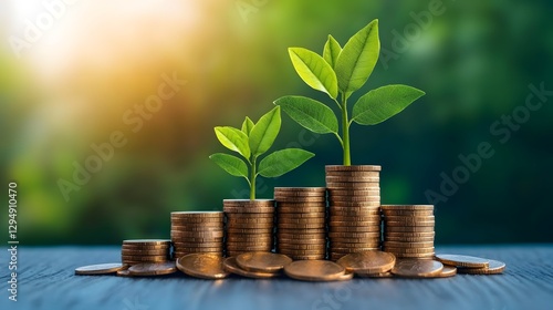 Growing Financial Prosperity   Flourishing Young Green Sapling Rooted in Piles of Golden Coins Representing Sustainable Investments Savings and Dreamy Prosperity