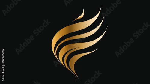logo showcases gold plated design stylized hairdryer nozzle emitting golden airwave transforms into flowing lock of hair representing luxury and sophistication.