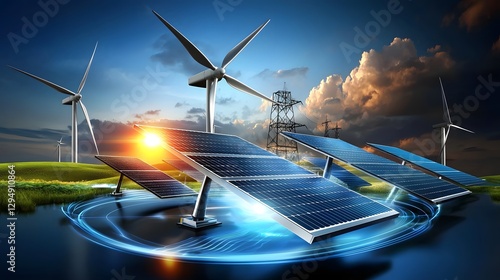 Obraz na płótnie High tech renewable energy concept featuring glowing solar panels and wind turbines generating clean sustainable electricity for a futuristic power grid w salonie