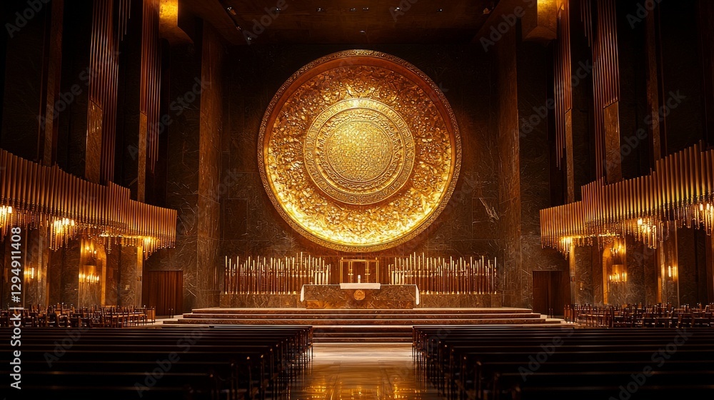 Obraz premium Inside majestic synagogue bimah stands tall ornate Ark of Covenant adorned golden curtains. rabbi recites prayers as brass chandeliers cast warm glow over space.
