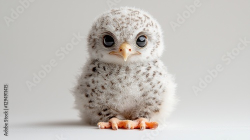 charming baby griffin sits adorably its tiny lion paws tucked soft feathers. Its beak is slightly open giving hint of chirp against simple white background. photo