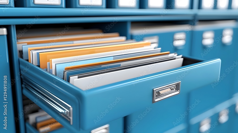 Fototapeta premium Organized professional office filing cabinet with open drawer and stacked paper records for secure document storage and administrative organization