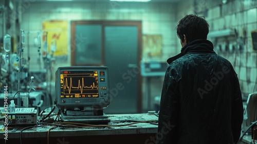 Death moves quietly from hospital room leaving behind unsettling sense of calm and stark silence of flatlined heart monitor. atmosphere feels heavy yet peaceful.