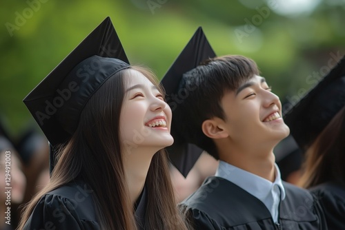 Asian graduates on the graduation ceremony boy and girl stand together, smiling brightly