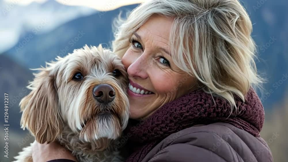 Smiling woman shares joyful moment with her dog in beautiful mountain landscape during sunny day Smiling woman shares joyful moment with her dog in beautiful mountain landscape during sunny day