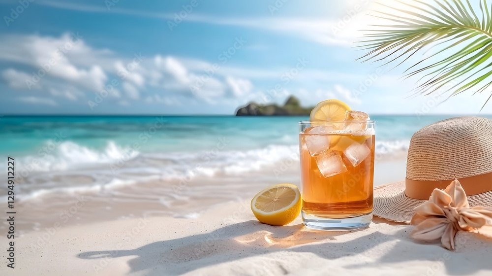 Refreshing iced tea with fresh lemon and ice cubes set on a serene tropical beach with warm sun rays gentle waves and a stylish hat a moment of pure blissful relaxation and vacation tranquility Refreshing iced tea with fresh lemon and ice cubes set on a serene tropical beach with warm sun rays gentle waves and a stylish hat a moment of pure blissful relaxation and vacation tranquility