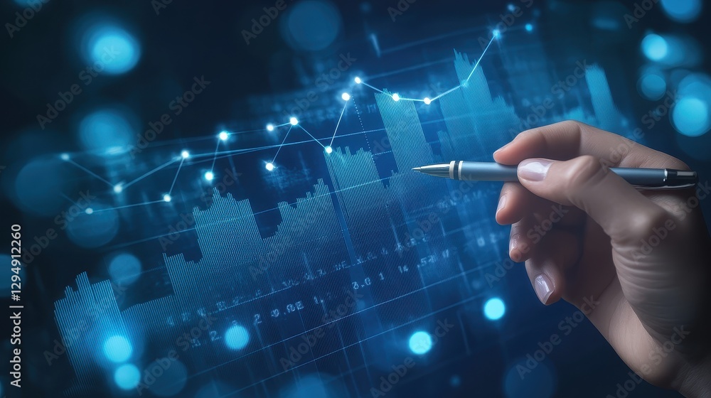 Hand holding pen drawing step chart on transparent screen, investment and financial planning concept, abstract blue business background, copy space, economic strategy representation. Hand holding pen drawing step chart on transparent screen, investment and financial planning concept, abstract blue business background, copy space, economic strategy representation.
