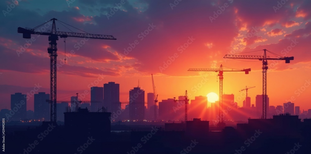 Fototapeta premium Dusk silhouettes of construction cranes against city skyline , night, building, horizon
