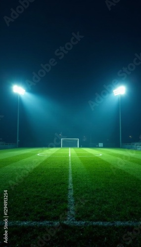 Illuminated empty soccer field, night stillness , vacant, shadows