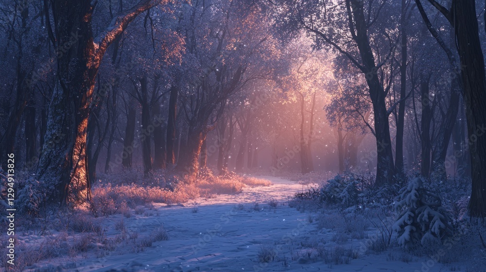 Naklejka premium Magical winter forest path at sunrise, snow falling.