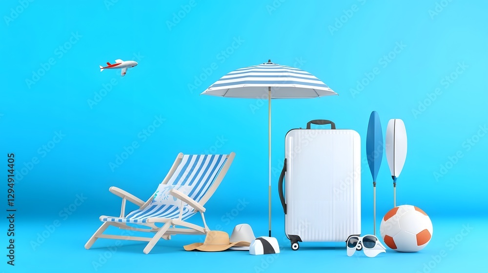 Obraz premium Vacation Travel Essentials Luggage Beach Chair Umbrella and Sports Gear Depicted in a Promotional Design on a Vibrant Blue Background