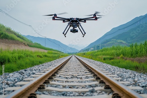 Black Drone Flying Over Railroad Tracks in Mountainous Landscape