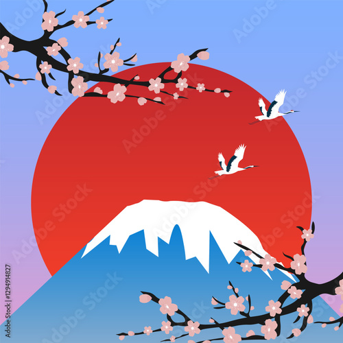 Japanese landscape. Mountain against the red sun. Branches with blossoming sakura. Cranes flying across the sky. Vector illustration
