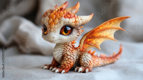 small fire dragon sits on white surface its scales shimmering orange and gold hues. Tiny wings emit glowing embers while its eyes radiate warmth creating magical ambiance.