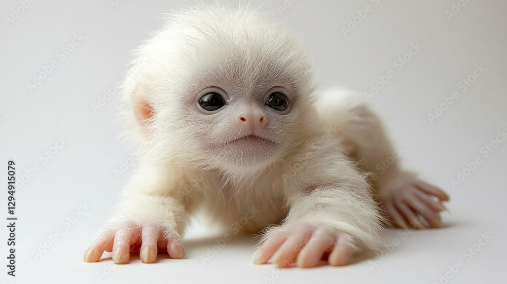 Obraz premium adorable baby yeti thick snowy white fur sits against white background. Its tiny black eyes sparkle curiosity while oversized hands and feet hint its future strength.