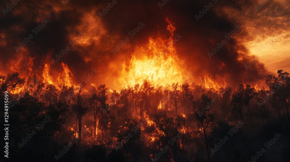 Forest Wildfire. Fire Burns Trees. Dangerous Flames Blaze Through Woods. Smoke and Heat Rise. Disaster and Destruction. Burning Landscape. Forest Wildfire. Fire Burns Trees. Dangerous Flames Blaze Through Woods. Smoke and Heat Rise. Disaster and Destruction. Burning Landscape.