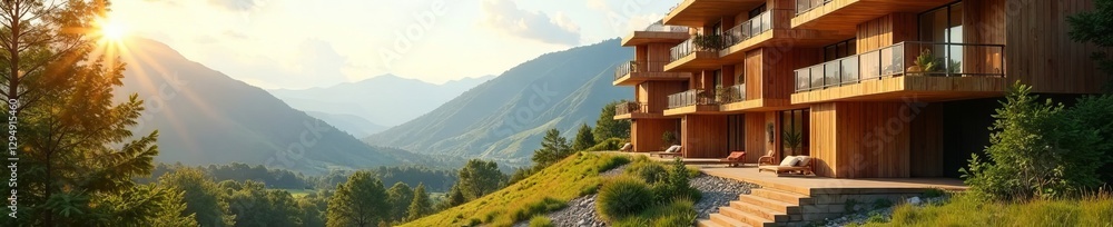Fototapeta premium Geometric wooden apartment complex, panoramic view, urban, housing, geometric