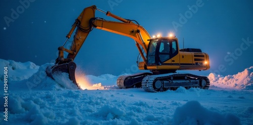 Excavator's claw tears frozen earth, spotlights pierce icy night , machinery at night, heavy-duty machinery
