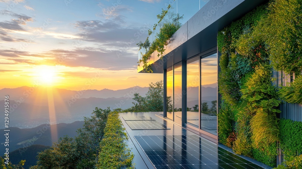 Obraz premium Modern eco-friendly house on mountain at sunset.