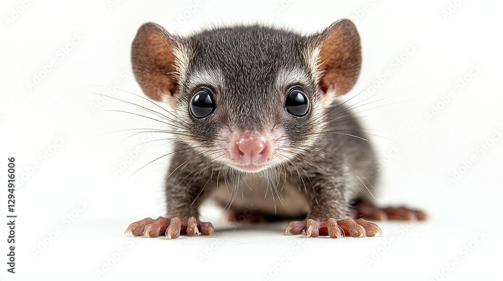 Obraz premium Delicate baby agouti stands on smooth white surface its tiny rounded ears alert and sniffing air. soft brown fur shines beautifully studio lights creating adorable encounter.