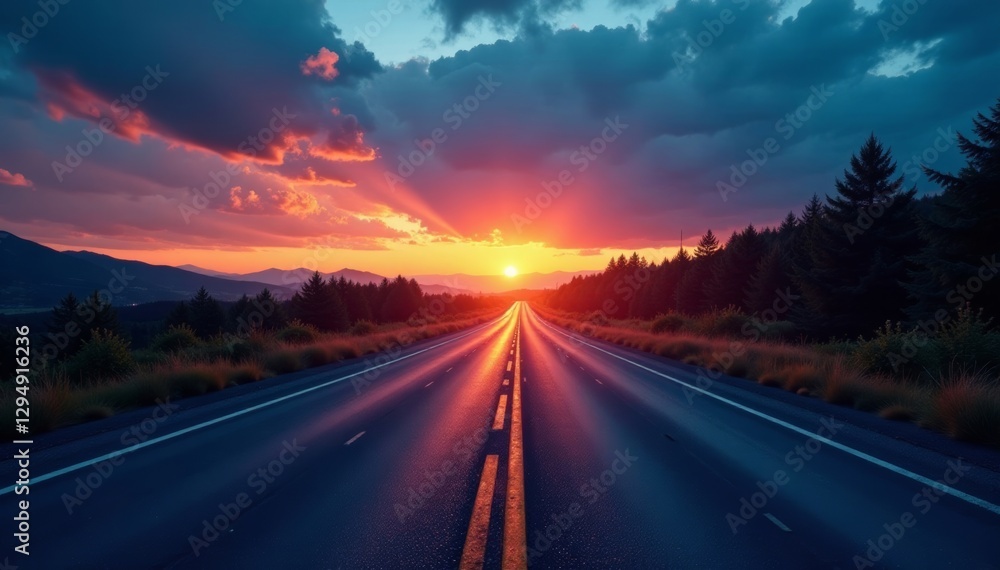 Fototapeta premium Road construction at twilight, glowing lights, cloudy backdrop, yellow, powerful